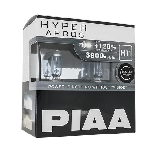 H11 halogenpærer. PIAA Hyper Arros +120%. 3900K fargetemperatur.