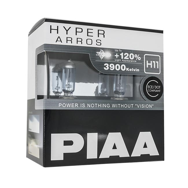 H11 halogenpærer. PIAA Hyper Arros +120%. 3900K fargetemperatur.
