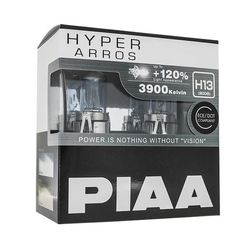 H13 halogenpærer. PIAA Hyper Arros +120%. 3900K fargetemperatur.