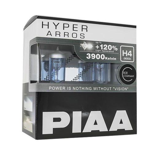 H4 halogenpærer. PIAA Hyper Arros +120%. 3900K fargetemperatur.