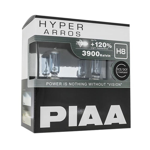 H8 halogenpærer. PIAA Hyper Arros +120%. 3900K fargetemperatur.
